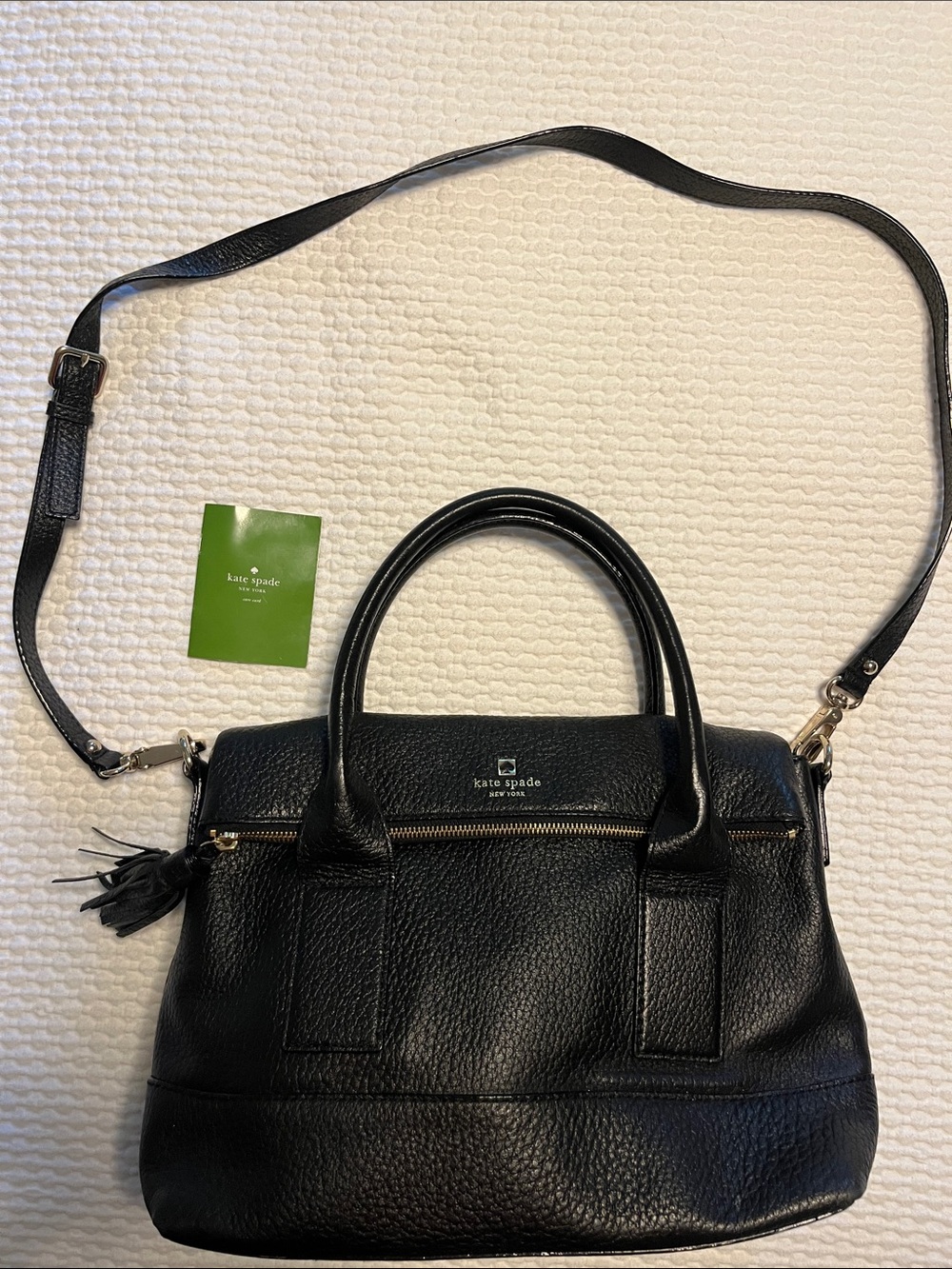 kate spade Black Pebbled Leather Satchel with Tassel and Detachable Strap